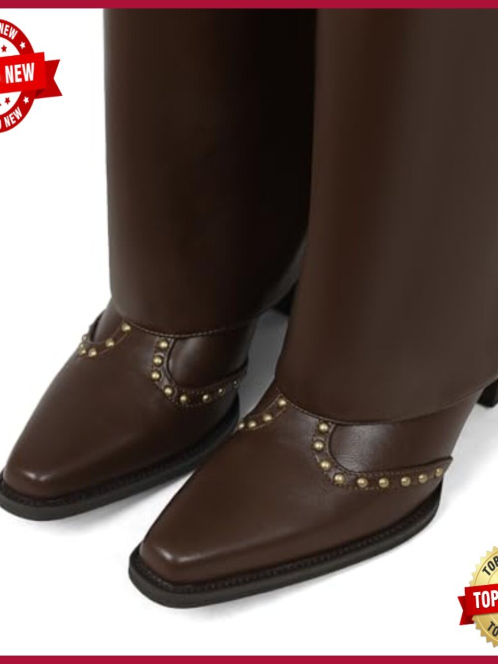 Knee High Fold Over Cowboy Boots Chunky Heel Studded Pull On Snip Toe - Picture 4 of 7